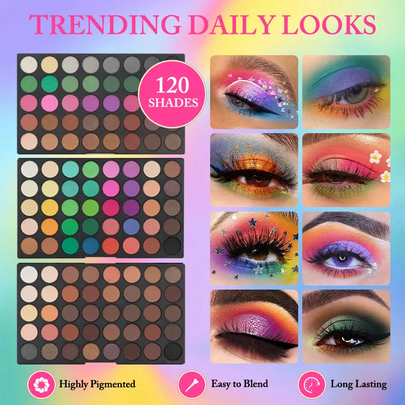 Palette di ombretti a 3 strati da 120 colori Kit di trucco opaco e brillante tutto in uno Regalo cosmetico altamente pigmentato a lunga durata — image 2