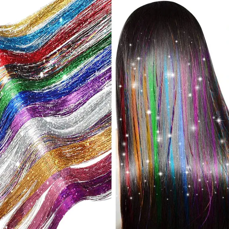 93/120cm 스파클 합성 머리 확장 반짝이 무지개 색깔의 가닥 소녀 모자를 쓰고 있죠 Hairbinge 머리 레이저 거짓 장식 — image 2