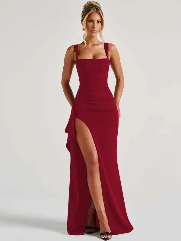 Hugcitar Gaun Maxi Bodycon Seksi Perca Ruched Celah Tali Solid Elegan Wanita Pakaian Musim Panas Festival Ulang Tahun Pesta Malam — image 9