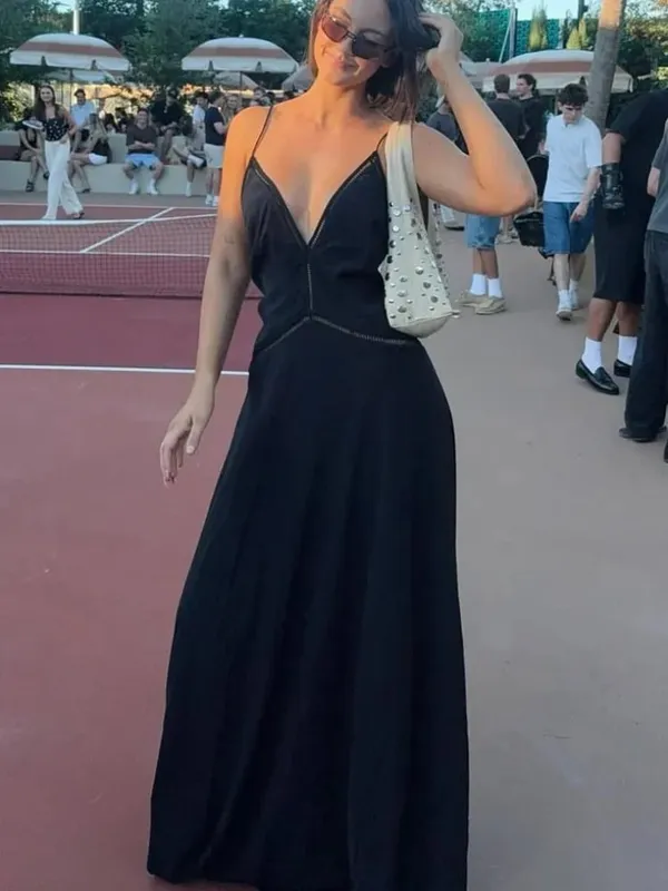 Zarif Derin V Yaka Backless Uzun Elbise Kadınlar Katı Spagetti Kayışı Kolsuz Sling Elbiseler 2026 Bayan Tatil Parti vestidos — image 7