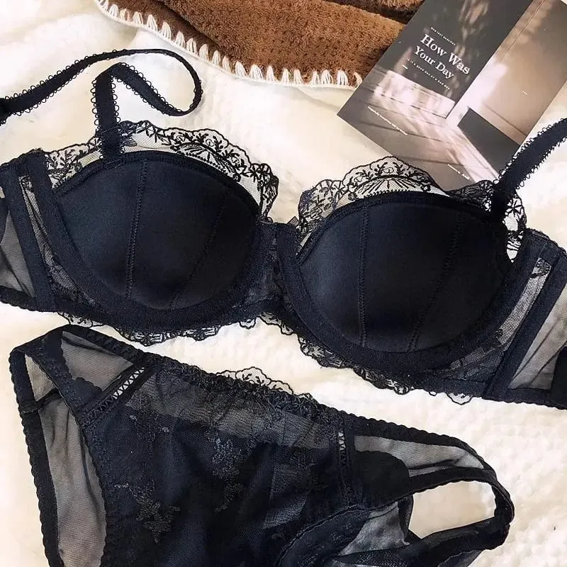 Set di due pezzi di lingerie in pizzo ricamato francese Reggiseno con ferretto morbido e traspirante leggero con supporto leggero per busti più piccoli — image 3