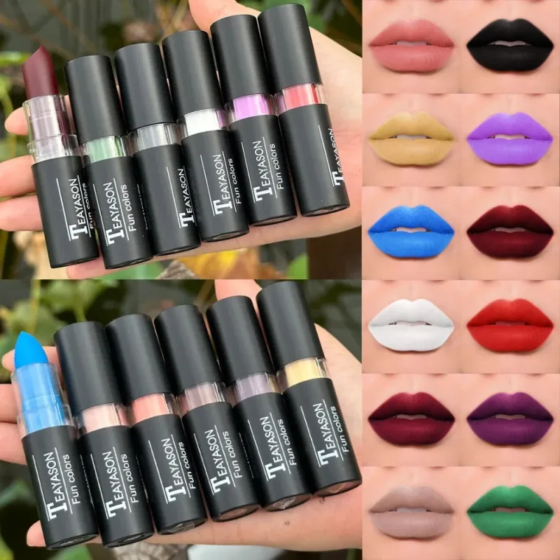 12 Color Lipstick Waterproof Long Lasting Clay Nude Lip Primer Concealer Lip Gloss Matte Gothic Black Makeup Halloween Lip Stick
