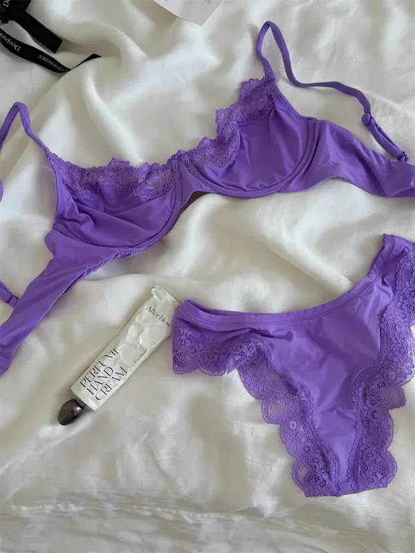 Pink Unlined Full Cup Bra Set Underwire Lace Trim Lift Comfortable Minimalist Seamless Skin-friendly Everyday Bras and Panty — image 8