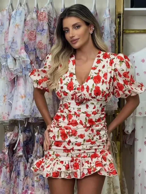 Abito corto sottile con stampa volant chic Abito corto corto con patchwork chic Maniche svasate con scollo a V Abiti pieghettati 2026 Abiti casual estivi da donna — image 23