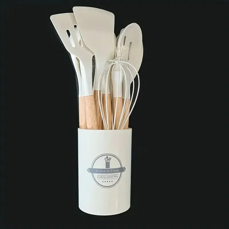 12pcs Set Pemegang Kayu Silikon Pelbagai Warna Set Peralatan Dapur Tidak Melekat Spatula Periuk dan Sudu Peralatan Memasak Tahan haba