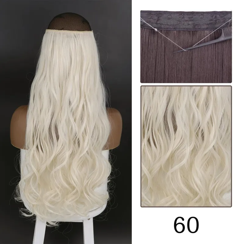 Estensioni dei capelli sintetiche senza clip regolabili con linea di pesce, parrucchino naturale biondo marrone ondulato lungo resistente al calore per le donne — image 24