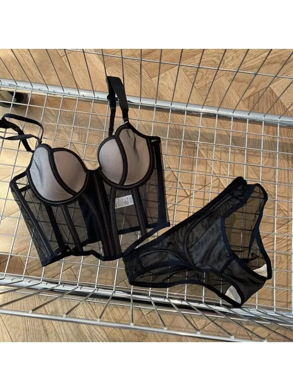 Francês longo fishbone malha retalhos sutiã conjunto fino moldar peito levantar lingerie sexy roupa interior macio e confortável S-XL terno — image 4