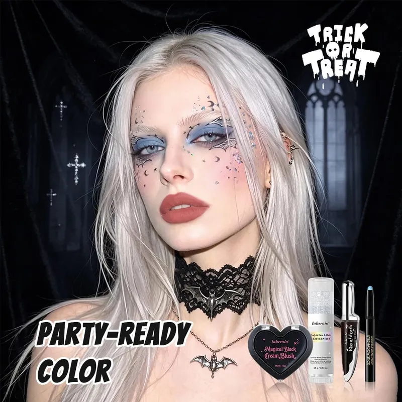 Halloween gotycki zestaw do makijażu 5 szt. Plama do ust ciemny krem róż do policzków cień do powiek w sztyfcie brokatowy eyeliner z torbą na imprezę Cosplay twarz ciało — image 2