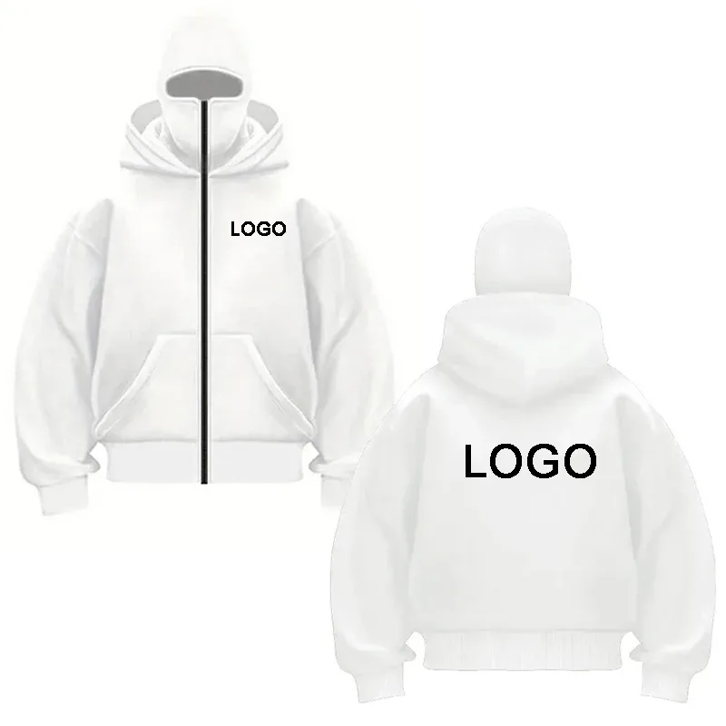 Desain DIY Hoodie Ritsleting Berkerudung Ganda Kaus Ritsleting Lengan Panjang Cetak Kustom Pria Jaket Pullover Masker Ninja Wanita