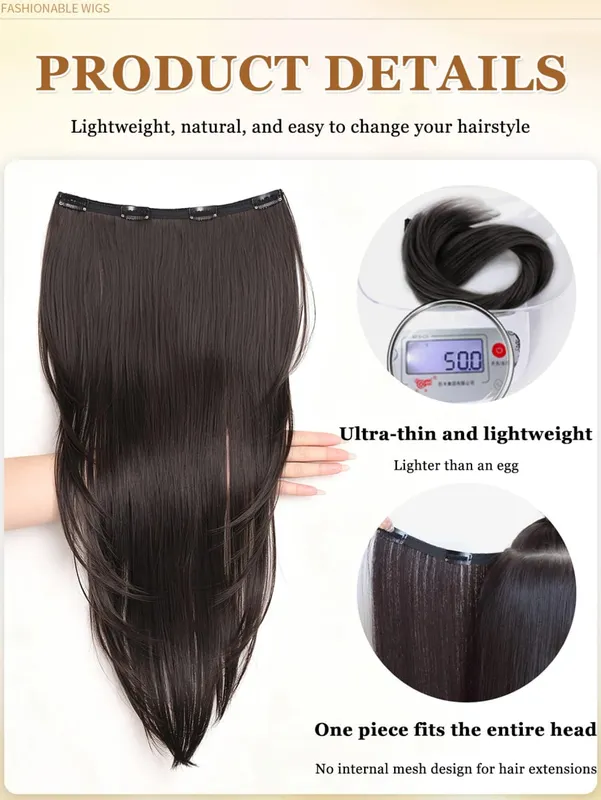 Estensioni sintetiche per capelli ricci verso l'interno ad alto strato per le donne Estensione per capelli lunghi lisci invisibili ultrasottili in un unico pezzo — image 4