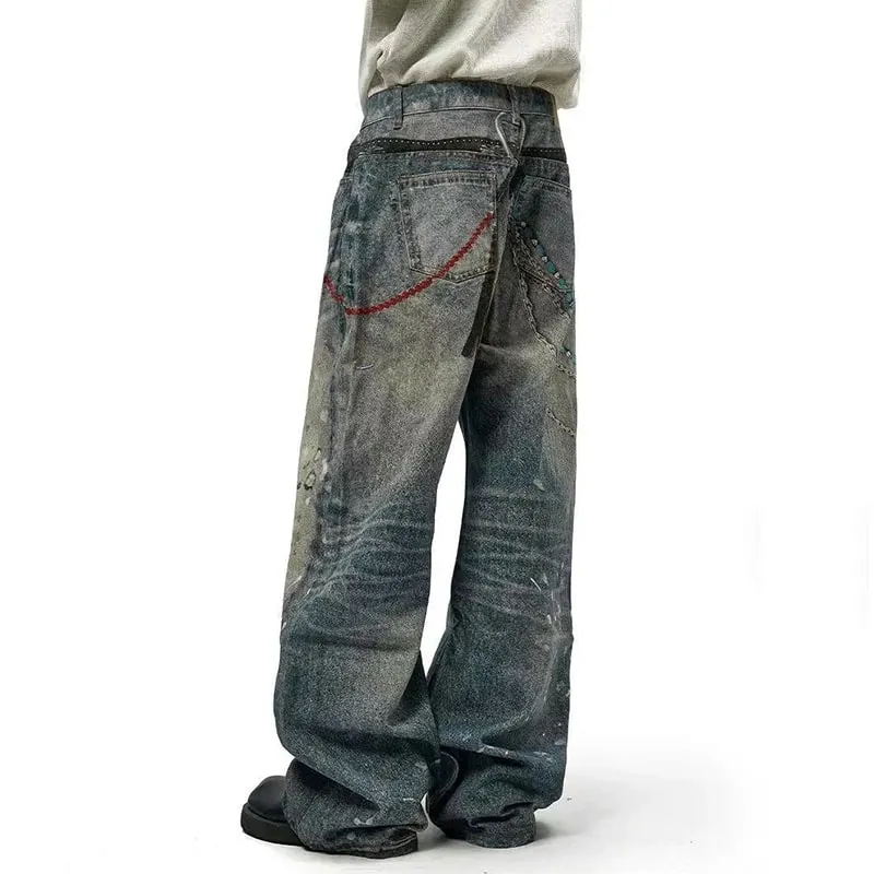 Niche Design Herren-Denim-Hosen, Kettendruck, Kontrastfarbe, Spritztinte, lässig, weites Bein, Vintage, lockere Herren-Jeans 9W4170 — image 6