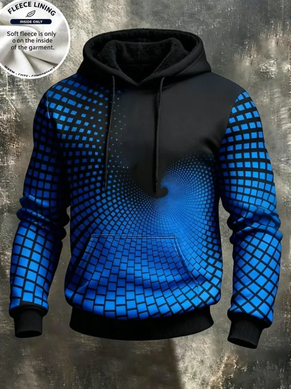 Cetakan 3D Fleece Hoodie Blue Spiral Grid Optical Illusion Pullover Lengan Panjang Poket Kanggaru Tops Sweatshirt Kasual — image 3
