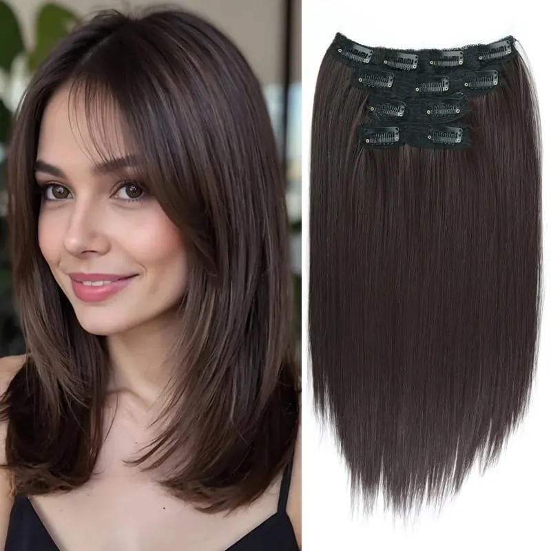 Straight Bob Clip In Hair Extensions Synthetic Highlight Clip On Hairpieces Thin Straight For Women Short Bob Daily Hairstyle — image 7