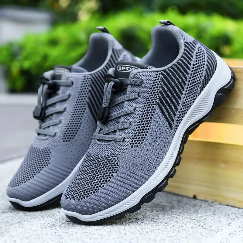 Sepatu kets olahraga berjalan luar ruangan sol tebal antiselip berenda cepat elastis pelatih rajutan jaring sejuk pria — image 1