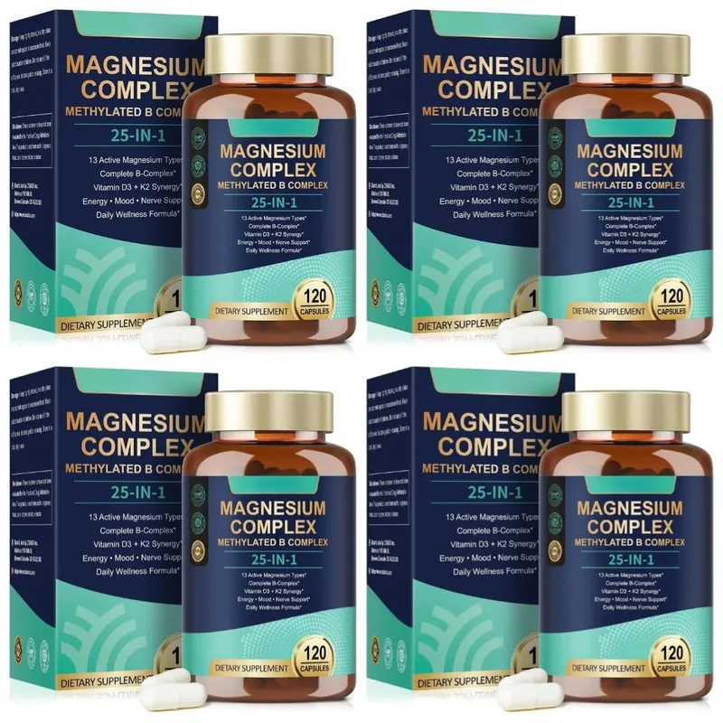 25-in-1-Magnesiumkomplex mit Glycinat, Citrat, Malat, Vitamin D3, K2, B12, Methylfolat zur Entspannung, Energie, Nerven, 120 Kapseln — image 9