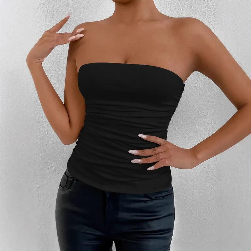 เซ็กซี่สีทึบปิดไหล่ Tank Top ผู้หญิงแขนกุด Bare Midriff Halter Crop Tops หญิง Tube Top Cropped Vest