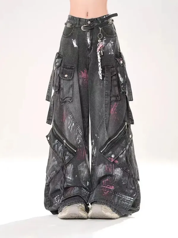 Seluar seret industri berat Y2K tahun 2000-an Gothic berbilang poket hip hop seluar jeans kaki lebar dicuci seluar jeans hitam lelaki dan wanita seluar jalanan — image 3