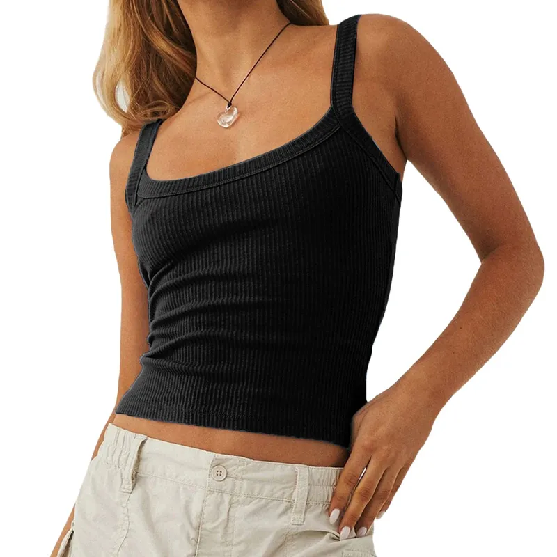 Camisetas sin mangas de color liso para mujer Chaleco básico Sin mangas acanalado Cuello en U Tops cortos ajustados