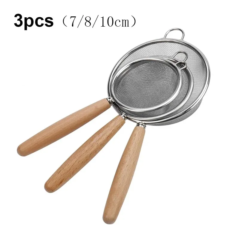 1-3 szt. Drewniany uchwyt przesiewacz do mąki i sitko z drobnymi oczkami ze stali nierdzewnej do pieczenia w domu gotowanie filtrowanie soków i proszku — image 16