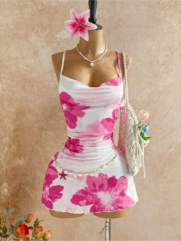 Abito da donna con cinturino sottile e collo ad anello rosa con stampa floreale laterale con volant increspato sul mini abito aderente 2026 Summer Tropical Beach Y2K per uscire — image 2
