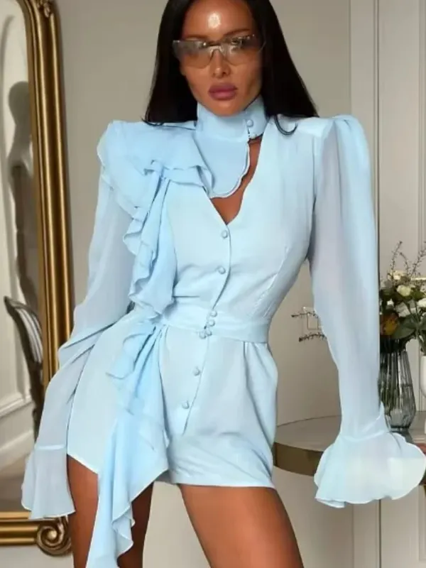 2026 Light Blue Ruffled ชุดชีฟอง V คอพัฟแขนยาวกระพือเอว-cinching มินิเดรสวันที่วันหยุดแฟชั่น Vestido — image 2