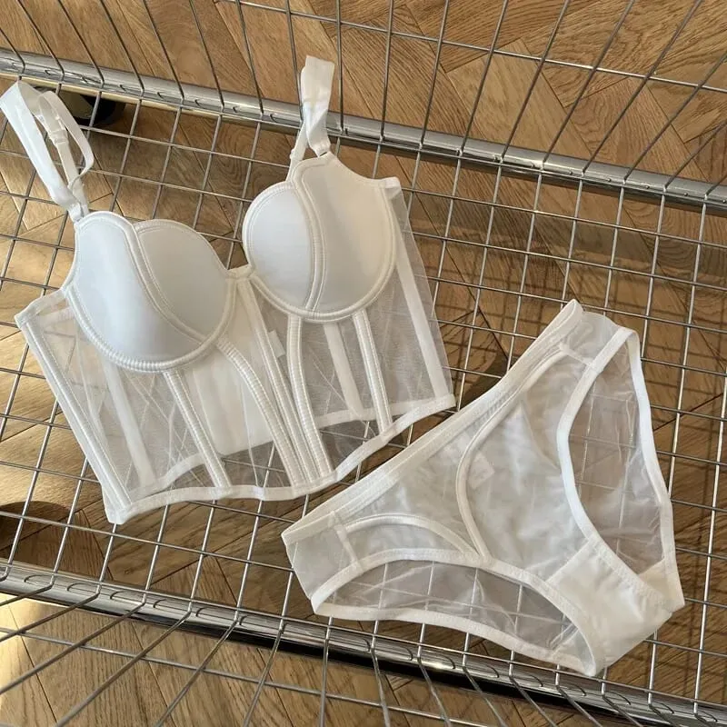 Francês longo fishbone malha retalhos sutiã conjunto fino moldar peito levantar lingerie sexy roupa interior macio e confortável S-XL terno