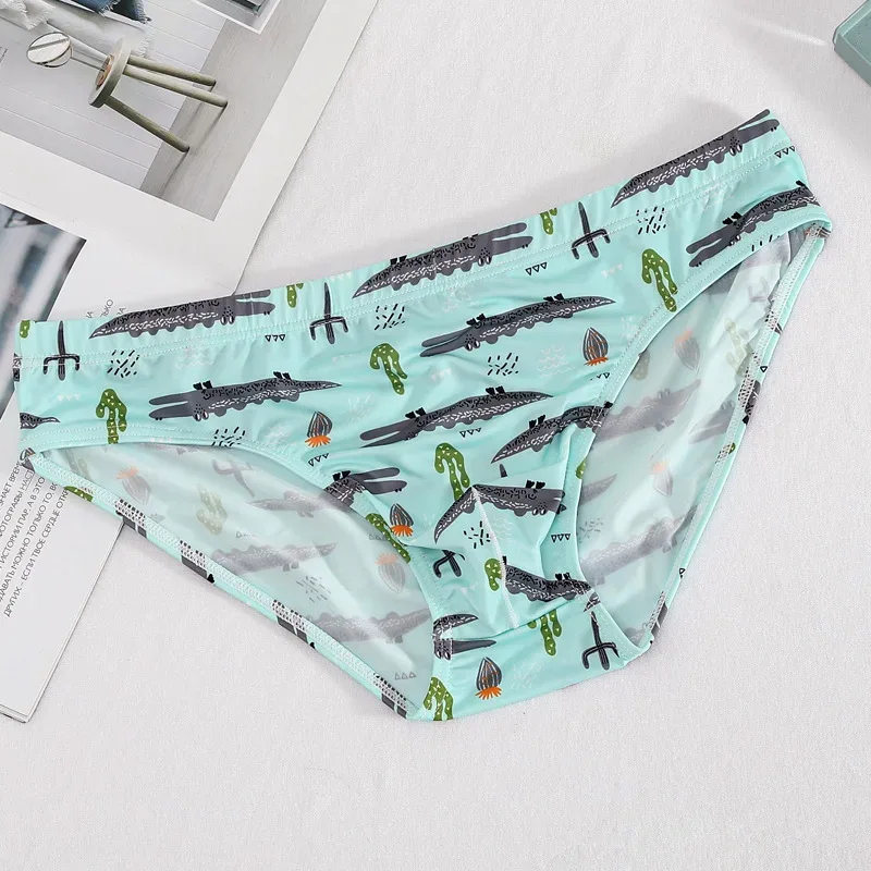 Men's Briefs Translucent Cartoon Printed Ice Silk Slippery Sexy Breathable Summer Low Waist U Convex Pouch Lingerie Underpants