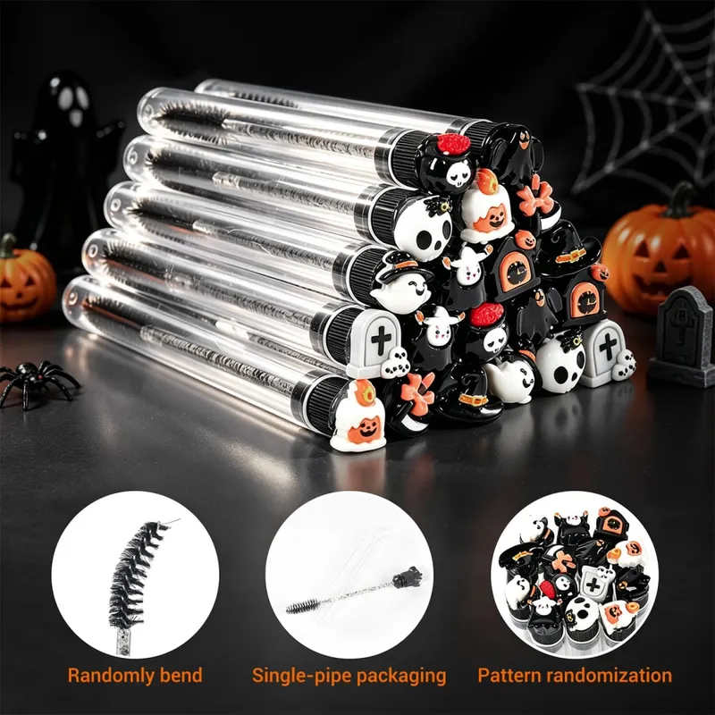 20 pièces Halloween cils Spoolies Mascara baguettes pour Extensions effrayant crâne citrouille gothique sourcils brosses cils Tech fournitures Gif — image 3