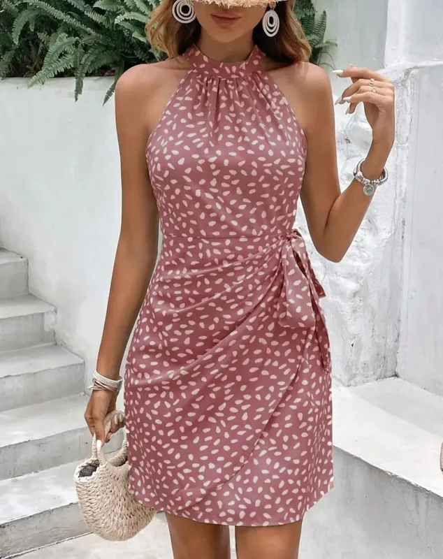 Mini abiti a pois tinta unita Abito da donna a canotta senza maniche con lacci Abito da festa estivo per le vacanze — image 4
