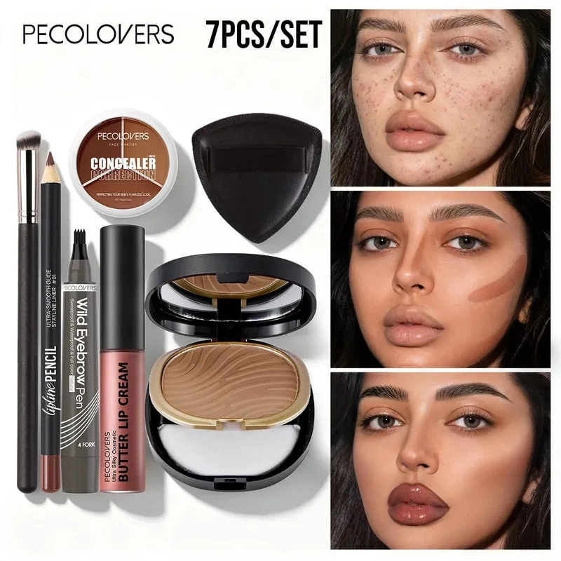 7 STK Ansigtsmakeup Sæt Langtidsholdbar Concealer Contour Powder Lip Cream Vandtæt øjenbrynspen med makeup børste — image 5