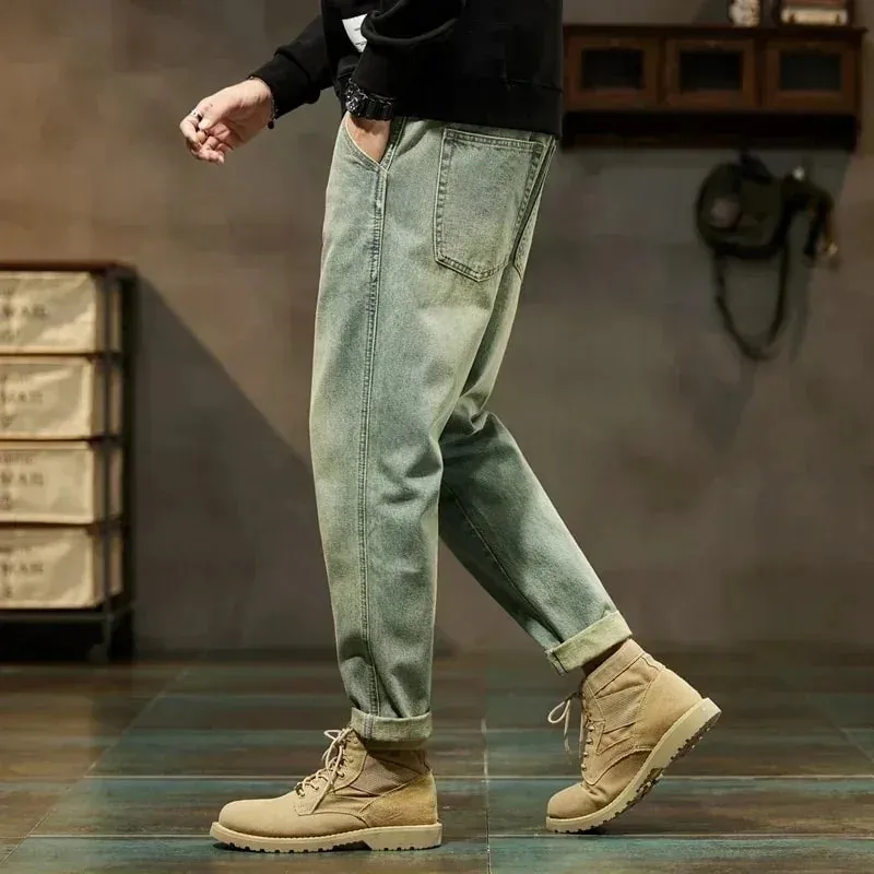 Mænds forår 2026 løse haremsbukser Denim Retro Solid Komfortable Harajuku lige jeans Simple Fashion Alsidige Cargo-bukser — image 3