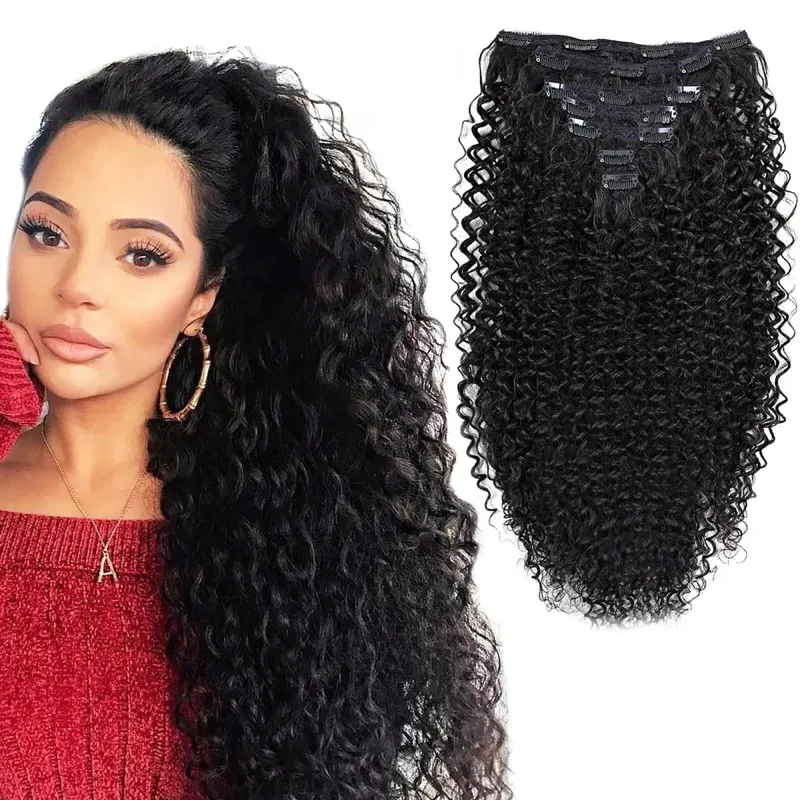 Extension synthétique à Clip pour femmes, Extension de tête complète, longue, crépue et bouclée, faux cheveux, épingle à cheveux noire et brune pour femmes — image 13