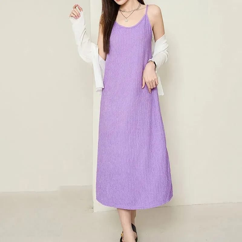 ผู้หญิงสปาเก็ตตี้ชุดสาย 2026 ฤดูร้อนสีทึบหลวม Long Beach Sundress Lasy Elegant ชุดราตรี Midi Dresses — image 7