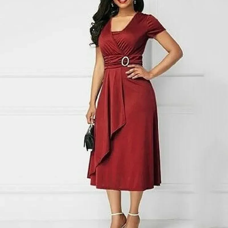 We.Fine Kleid Frauen Einfarbig Kurzarm V-ausschnitt Asymmetrischem Saum Taille Midi Party Kleid Elastische Weibliche Kleider Frau Vestidos — image 6