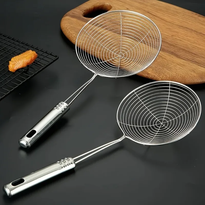 1 PC ขายร้อนสแตนเลสกระบวยกรอง Handle-ทนทานลวด Skimmer ช้อนสำหรับทำอาหารทอด & ห้องครัวใช้