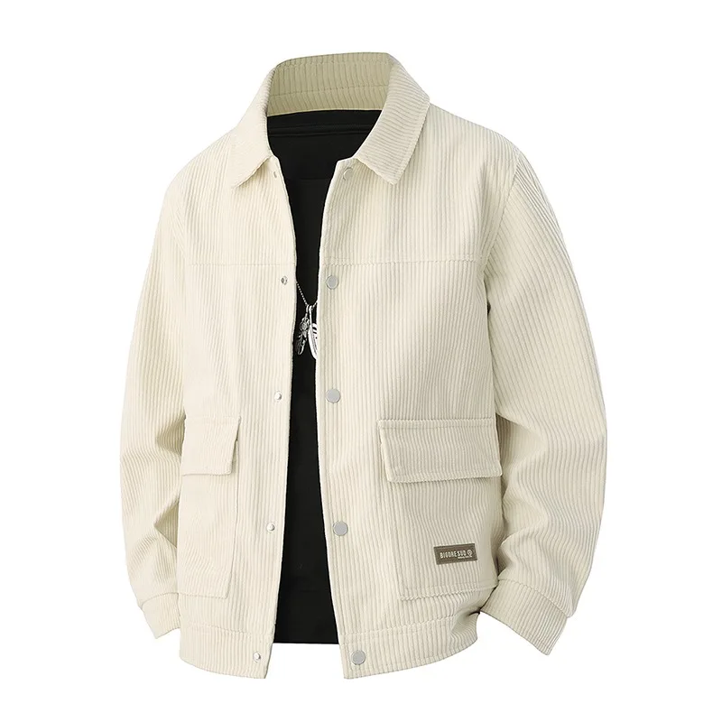 Men Classic Lapel Corduroy Jacket Metal Snap Button Large Patch Pockets Retro Vintage Casual Workwear Streetwear Male Outer Coat