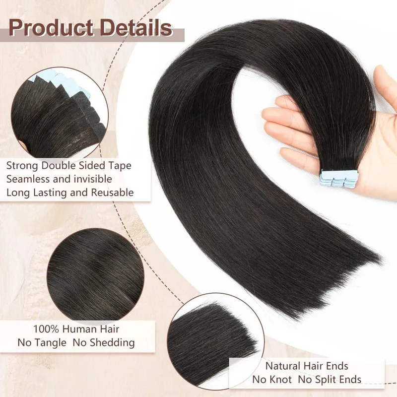 Pita Mini dalam Sambungan Rambut Manusia Sebelah Dua Pita Lancar Tidak Kelihatan dalam Rambut 10pcs/set Asli Lurus Hitam Coklat Berambut perang — image 3