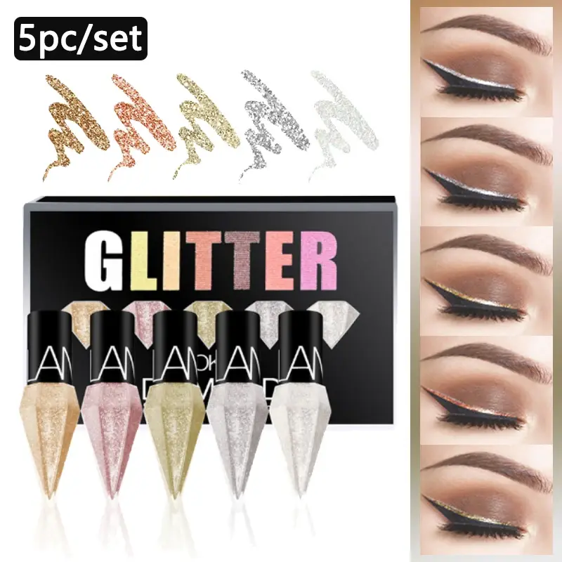 5pc/set Pelapik Mata Berkilat Profesional Kosmetik untuk Wanita Pigmen Perak Mawar Emas Warna Cecair Celak Berkilauan Solek Kecantikan