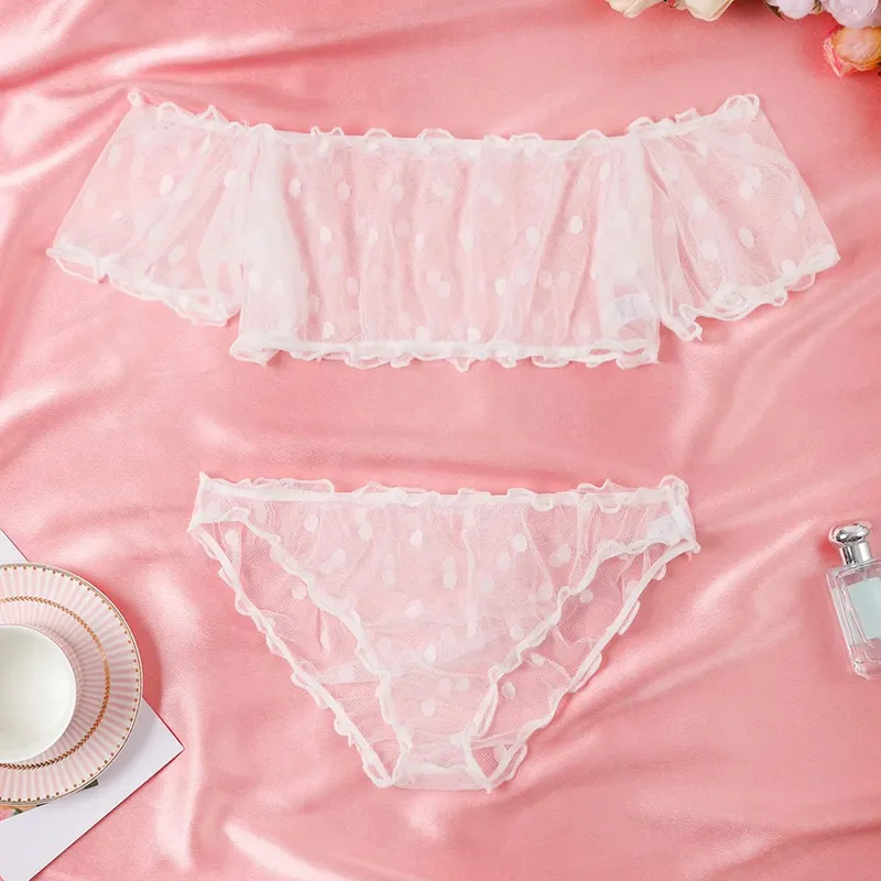 Corak Polka Dot Rekaan Separuh Tipis Set Pakaian Dalam Pakaian Atasan Bustier Dan Set Seluar Dalam Pakaian Wanita
