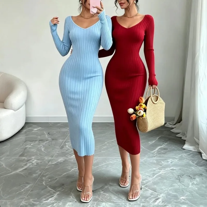 Women Solid Color V‑Neck Ribbed Knit Maxi Sweater Dress Elastic Long Sleeve Bodycon Dress Ladies Casual Party Fashion Dresses — image 1