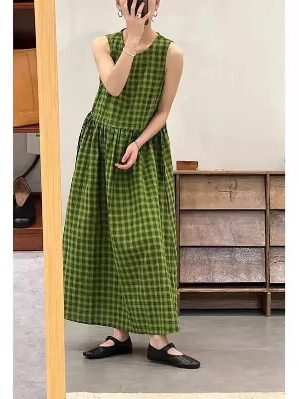 Pelangsingan Plaid Cotton Lin Svel Long Dr Wanita plus Saiz Dstring Pinggang bulat Ne Vest Skirt Ulang-alik Sle Musim Panas... — image 4