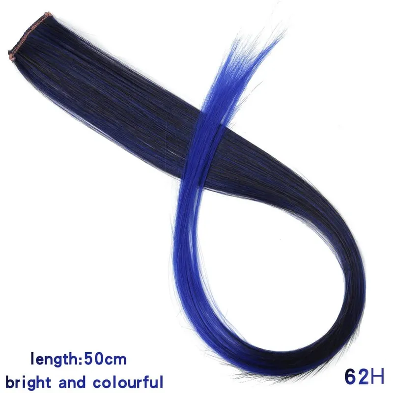 Extensions de cheveux synthétiques lisses et longues à reflets arc-en-ciel, 22 pouces, Clip en une seule pièce, ombré rose violet vert jaune pour femmes — image 29
