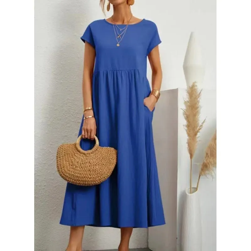 Gaun Linen Kapas Pepejal Premium yang Elegan Midi Musim Panas dengan Poket Longgar Leher Krew Kasual Lengan Pendek untuk Perjalanan Pantai