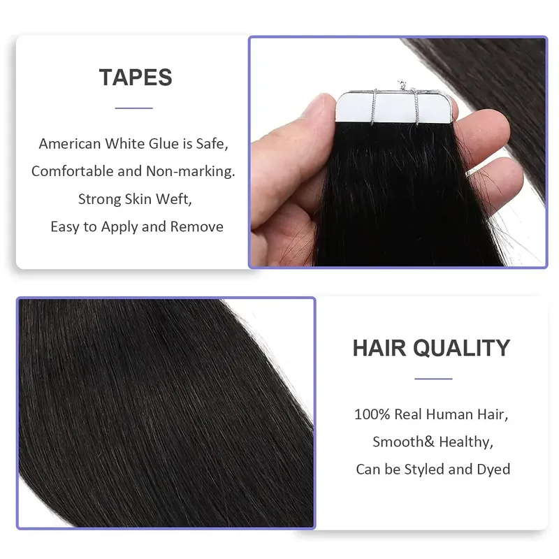 26 นิ้วเทปต่อผม 100% Human Hair กาวเปลี่ยนได้ไม่มีรอยต่อ Weft เทป 20/40pcs ตรงผมสำหรับสตรี — image 3