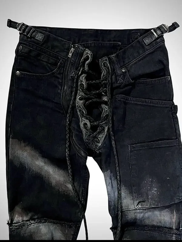 Ifsixwasnine Vision seprané pruhované šněrovací slim-fit stahovací džíny — image 2