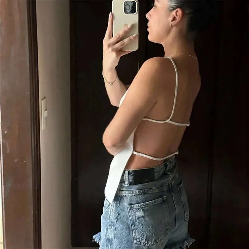 Atasan Hitam Tanpa Belakang 2025 Wanita Atasan Tanaman Tanpa Lengan Putih Dengan Tali Baju Atasan Seksi Musim Panas Wanita Atasan Petang Wanita — image 5