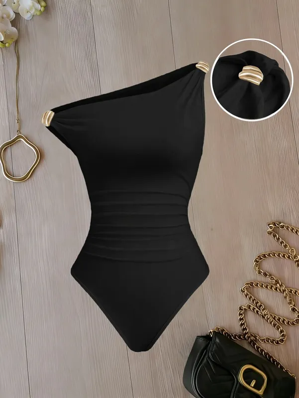 Baju Badan Ruched Satu Bahu Wanita Butiran Logam Warna Pejal Baju Badan Tanpa Lengan — image 8