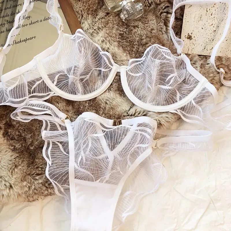 French Embroidery Lace Bra Set For Women Ultra Thin Sheer Minimizer Bra Hollow Out Lingerie Brassiere 32-38AB Elegant Daily Wear — image 11