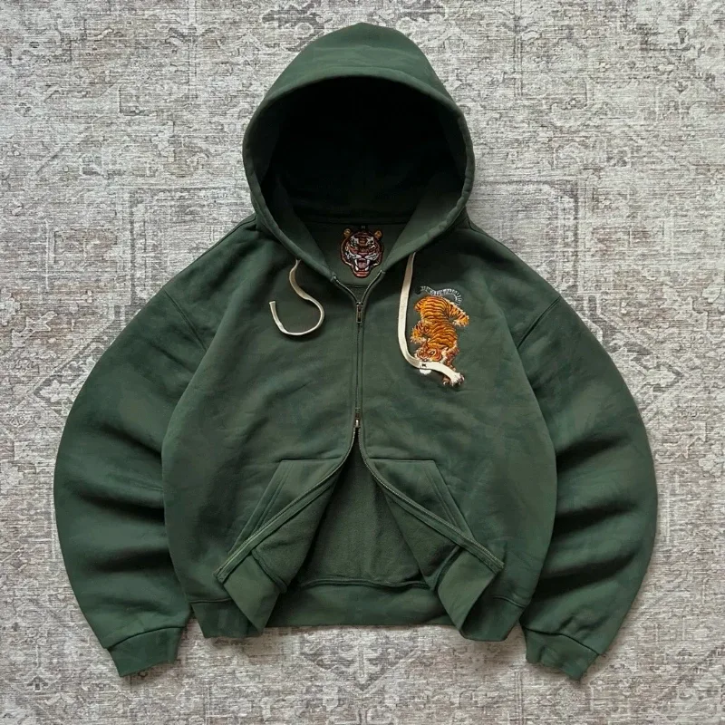 Dark Brown Full Zip Hoodie Double Men Wolf Embroidery Drawstring Pocket Oversized Y2K Grunge Vintage Street Zip Up Sweat Jackets
