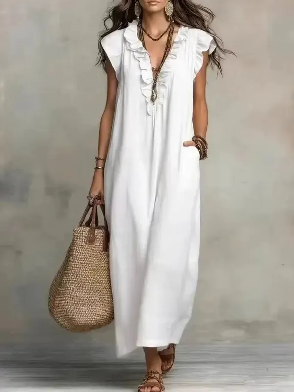 2026 Estate Donna Boho Cotone Lino Maxi Abito Tinta unita Ruffle Scollo a V Senza maniche Abiti lunghi larghi con tasche Casual Beach — image 13